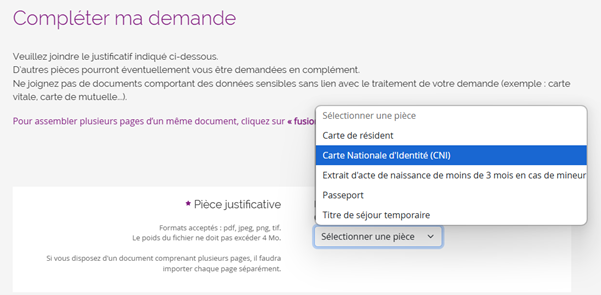 Selection choix de la piece d'identité